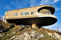 futuristic sovjet style building at Sevan Lake peninsula, Armenia, Asia