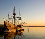 Replica of the ship used by the first Pilgrims to land in the Plymouth area of Massachusetts, New England in early morning light, USA