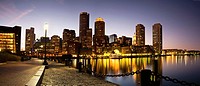 Panoramic view of the city of Boston at dusk from Fan Pier, Massachusetts, USA