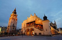 Town Hall Tower Ratusz and Cloth Hall Sukiennice on the Main Market Square Rynek Glowny in Krakow Cracow at Nightfall, Poland