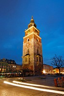 Town Hall Tower Ratusz on the Main Grand Market Square Rynek Glowny in Krakow Cracow by Night, Poland