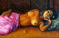 A painting of a topless Balinese woman laying on a bed in front of a rattan wall.