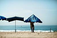 Preparing the umbrellas on the beach
