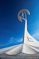 Spain, Cataluna, Barcelona, Santa Eulalia, Sants Montjuic, view of the Telefonica Olympic TV Tower designed by the Architect Santiago Calatrava