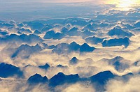 Evening light over a mountain range on Greenland, from above (October 2005)