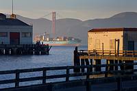 USA, California, San Francisco, piers at Fort Mason, fishermen, San Francisco Bay, container ship, Golden Gate Bridge, headlands of Marin County, late...