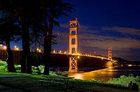 USA, California, San Francisco, Golden Gate Bridge, Monterey cypress Cupressus macrocarpa trees, looking north toward Marin County, dusk, NR