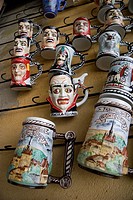 Mugs decorated with Vlad Tepes also known as Dracula on sale in the old town of Sighisoara, Transylvania. Romania.