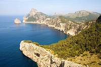 Mal Pas viewpoint in Formentor cape. Colomer bay and islet.  Serra de Tramuntana (World Heritage Site by UNESCO). Mallorca. Balearic Island. Spain.