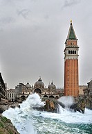 Fantastic recreation of the Plaza San Marco in Venice hit by a severe storm with large waves coming to the center of the plaza, Italy