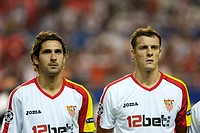 French Sevilla FC defenders Julien Escude left and Sebastien Squillaci right  UEFA Champions League game between Sevilla FC and FC Unirea Urziceni, Sa...