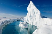 During the Arctic spring, the surface of the frozen arctic ocean begins to crack under stress especially around large frozen in icebergs which flex th...