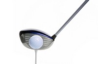 Golf driver behind a golf ball and tee, isolated on a white background