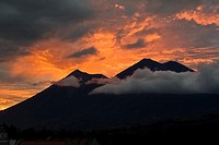 Guatemala, view of Volcan de Fuego and Acatenango, sunset