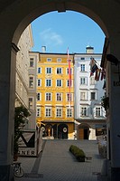 View of the Hagenauerplatz square and Mozart’s house in Salzburg, Austria