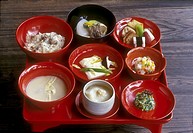 Japan, Kyoto,tray of dishes vegetarian cuisine of Buddhist monks, Shojin-ryori (vegetable cuisine)