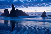 USA, Oregon, Coos County, Bandon State Park, sea stacks, surf, and beach at sunset, September