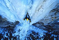 Man, ice climbing a route called Neutron at the Mother Lode Area in the Snake River Canyon near the city of Twin Falls, Idaho