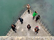 Tourists, audio guides, Pont d´Avignon, River Rhone, Avignon, France