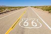 Barstow, CA - A Route 66 marker is stenceled on the historic highway, also known as the ´Mother Road´