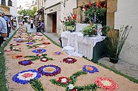 Corpus Christi procession, Flower mats & altars in the streets, Tossa de Mar, Costa Brava, Girona province, Catalonia, Spain, Europe