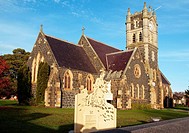 Holy Trinity Catholic Church in Westbury Tasmania with its monument to its horse loving founder Father James Hogan 1825-1899