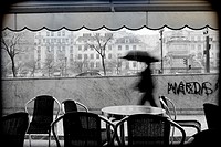 Lisbon, terrace of a bar, rainfall