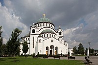 Serbia,Beograd,Belgrade,St Sava Cathedral,1935,Orthodox,christian,religious,exterior,outside,facade,colour,cupolas