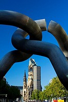 Berlin sculpture commemorating unification of the city with a general view of The Kaiser Wilhelm Memorial Church at the center.  First conceived in 19...
