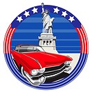 vectorial image of vintage car on a background American symbolism with Statue of Liberty