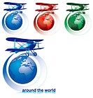 Vectorial icon set on theme of round-the-world tour with old-fashioned biplane and globe isolated on white backgrounds  Every composition is in separa...