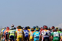 Pack of riders cycle during a stage of the Spain´s Cycling tour ´La Vuelta´ near Madrid