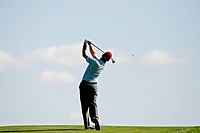 Shaun Webster of England watches his second shot on the 9th hole during the Open de Madrid golf tournament in San Sebastian de los Reyes, on the outsk...