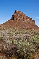 This gorgeous landscape stock photo is set in vertical orientation and has sagebrush in the foreground with a very high rocky mountain bluff with shal...
