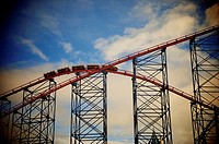 Big One roller coaster on Blackpool Pleasure Beach morning testing under stormy sky