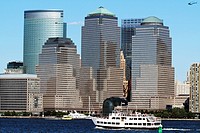 The World Financial Center with the Goldman Sachs building on the left rear Lower Manhattan, New York City, New York, USA Viewed from Liberty State Pa...