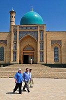 uzbek men in front of a mosque, Tashkent, Uzbekistan, Central Asia