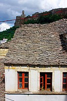 View of an old Ottoman House and part of Gjirokastra Citadel, Albania