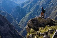 People practice mountaineering in the Cornion massif, in the Picos de Europa National Park, Sajambre Valley, Leon, Castilla y Leon  Spain
