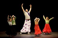 A Flamenco dancer, or bailaor, wears a polka-dot skirt to help him teach young girls to dance in Prado del Rey, Cadiz province, Andalusia, Spain.