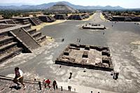 A view of the of the Avenue of the Death, back right, and the Pyramid of the Sun, back left, from the Pyramid of the Moon in Teotihuacan, Mexico City....