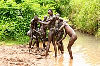 Before the Donga stick fight, the Surma warriors apply a body paint made of clay and mineral on their bodies, Surma tribe, Tulgit, Omo river valley, E...