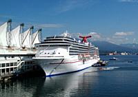 A cruise ship docked at the Canada Place cruise ship terminal in Vancouver in British Columbia, Canada
