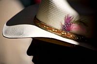 Feathers decorate a cowboy hat of a spectator at the National Charro Championship in Pachuca, Hidalgo State, Mexico. Escaramuzas are similar to US rod...