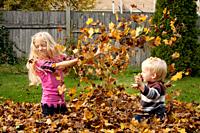 A girl, 5-10 and and a toddler play in a pile of leaves in the fall