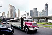 ´Diablo rojo´ customised bus, Cinta Costera, Panama City, Panama