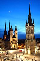 market place with Marien Church and Red Tower, illuminated at night, Halle, Saxony-Anhalt, Germany