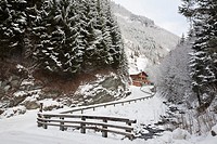 Rauris Rauriser Sonnen Valley Austria Europe  View along mountain road to Gaisbachtal in alpine valley lined with fir trees following heavy snowfall i...