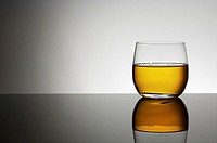 closeup of a glass of whiskey with a white background