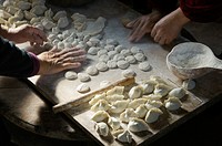 Making traditional dim sum Chinese dumplings  Meat dough pastry and spring onions cuisine  Farm kitchen Shandong Province, China